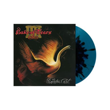 „Lake of Tears“ und „Greater Art“. Illustration eines gelben Schwanes auf schwarzem Hintergrund. Blaue Schallplatte.