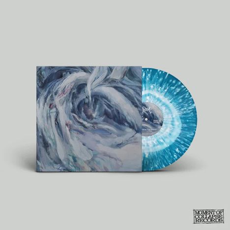 Moment Of Collapse Records. Illustration: Wirbelnde, abstrakte Formen in Blau und Weiß. Vinyl in Blau-Weiß-Muster.