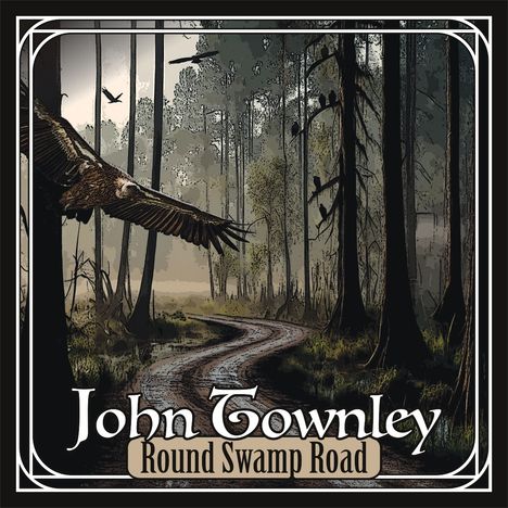 "John Townley, Round Swamp Road." Illustration eines Waldes mit einem breiten Pfad und fliegenden Vögeln.
