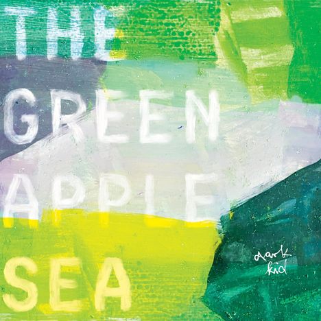Text: "THE GREEN APPLE SEA". Farbenfrohes abstraktes Design in Grüntönen.