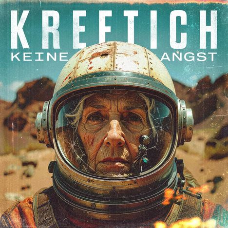 Text: "KREFTICH KEINE ANGST". Eine ältere Person in einem abgenutzten Raumhelm, draußen in einer felsigen Landschaft.