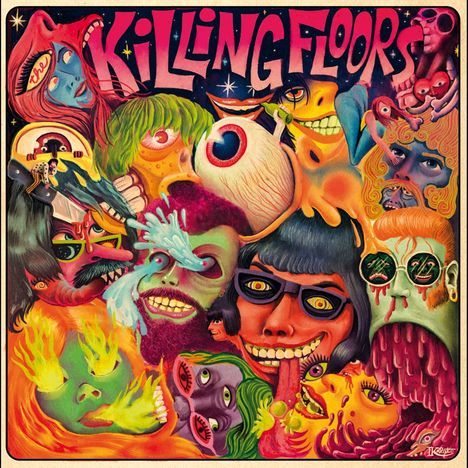 Der Text "Killing Floors" ist in großen Buchstaben zu sehen. Darunter sind bunte, surreal verzerrte Gesichter.