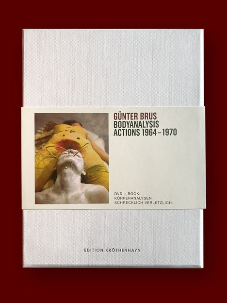 "GÜNTER BRUS BODYANALYSIS ACTIONS 1964–1970. DVD + Buch: Körperanalysen. Schrecklich verletzlich. Edition Kröthenhayn." Ein Cover zeigt eine liegende Person mit bemaltem Körper.