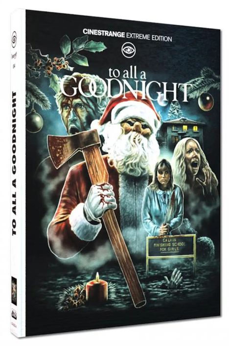 Cinestrange Extreme Edition, „to all a GOODNIGHT“. Weihnachtsmann mit Axt, schreiende Frau, Kerzen, gruselige Szene.
