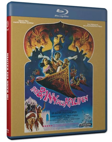 "Im Bann des Kalifen" in roter Schrift, tropische Szenen mit fliegendem Teppich, Palast und orientalischen Figuren.