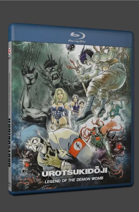 Blaues Blu-ray-Disc-Boxcover mit Text "Urotsukidōji: Legend of the Demon Womb", zeigt fantasievolle, kämpfende Figuren.