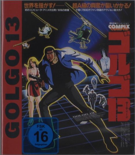 „GOLGO 13“ links vertikal auf rotem Streifen, dynamische Comic-Szene mit Helikoptern und Figuren in Action-Pose.