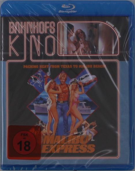 "Bahnho-fs Kino", "Packing heat from Texas to Malibu Beach", "Malibu Express", "FSK ab 18", Bild von muskulösem Mann mit Frauen.