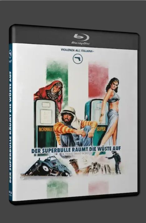 Text: "Der Superbulle räumt die Wüste auf". 

Illustration: Ein Mann zwischen zwei Tankstellen mit Schildern "Normale" und "Super", und eine Frau in einem Kleid.