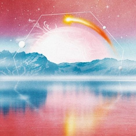 Text fehlt. Eine Illustration zeigt Berge, See, Sonnenuntergang und Kometenstreifen in pastellfarbenem Himmel.