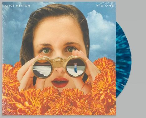 Text: "Alice Merton" oben links, "Visions" oben rechts. Eine Frau mit Fernglas, umgeben von orangen Blumen.