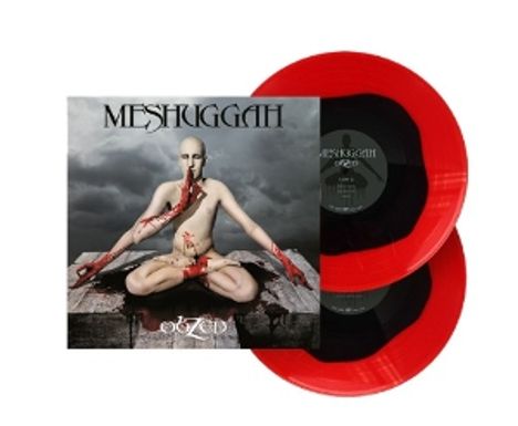 Oben: "MESHUGGAH". Unten: "obZen". Darunter liegt eine rote Schallplatte.