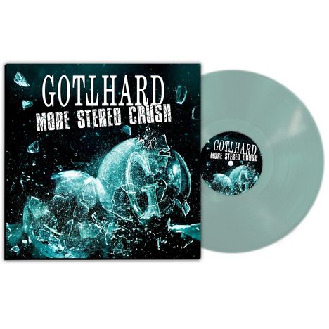 Aufschrift: "Gotthard More Stereo Crush". Ein zerbrochenes Glasmotiv ist zu sehen, daneben eine hellgrüne Schallplatte.