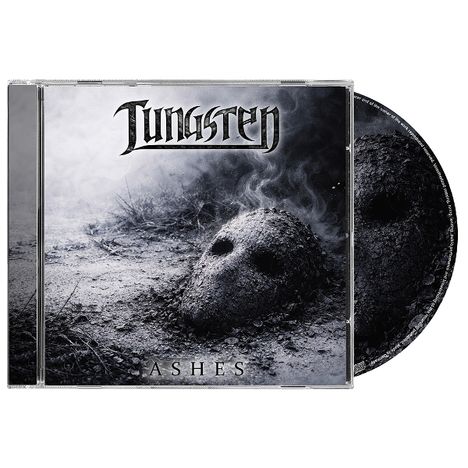 CD-Cover von "Tungsten - Ashes", zeigt eine aschige Landschaft mit einer Maske, die aus dem Boden ragt.