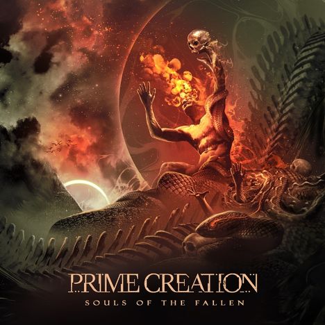 "Prime Creation" und "Souls of the Fallen". Eine feurige Figur mit Schlangenkörper und Totenkopf vor apokalyptischer Kulisse.