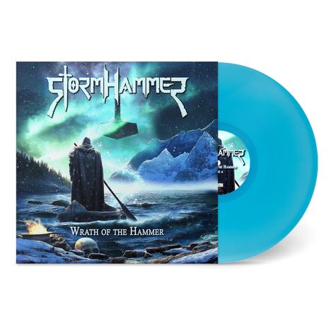 "StormHammer" oben, "Wrath of the Hammer" unten. Illustration: Krieger vor Gewässer, schwebender Hammer, Polarlichter.