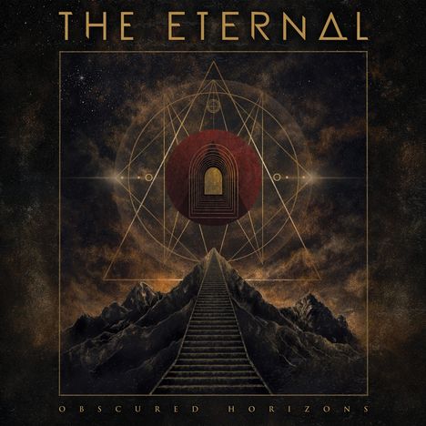 Text: "THE ETERNAL" oben, "OBSCURED HORIZONS" unten. Illustration: Treppe führt durch Gebirge zu geometrischen Mustern in kosmischer Szene.