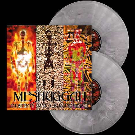 „Meshuggah - Destroy Erase Improve“ in großen Buchstaben. Drei stilisierte menschliche Figuren auf der Hülle. Zwei Schallplatten.