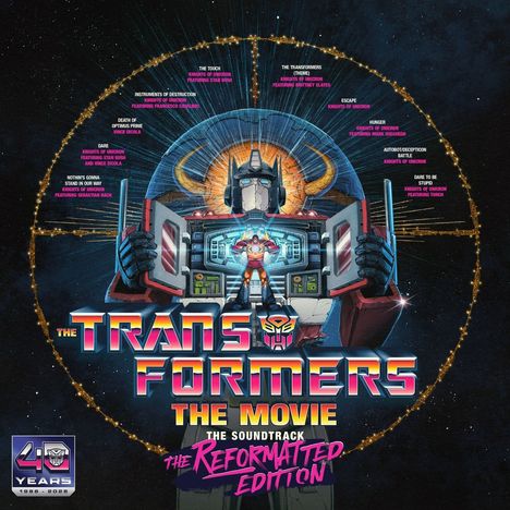 "The Transformers The Movie The Soundtrack The Reformatted Edition" in bunten Buchstaben. Illustration eines Roboters.