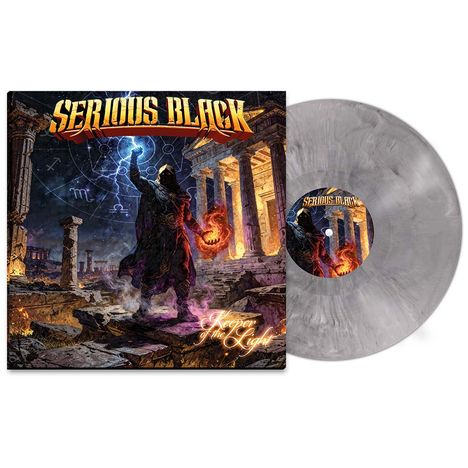 "Serious Black", "Keeper of the Light". Mystische Illustration mit einem Zauberer vor antiken Ruinen. Graue Vinyl-Schallplatte.