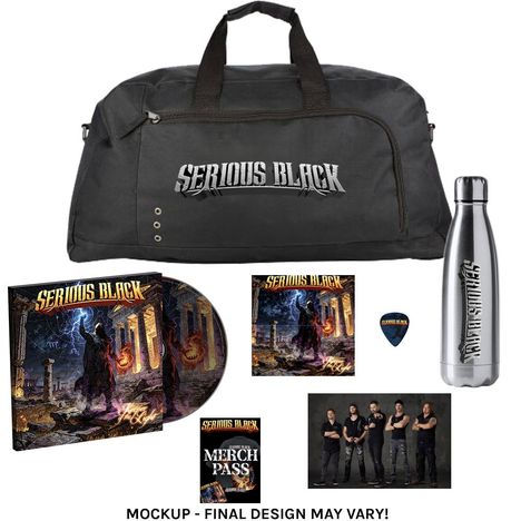 Tasche mit "Serious Black", Flasche, CD, Sticker, Plektrum, "Merch Pass". Bandfoto. "MOCKUP - FINAL DESIGN MAY VARY!"