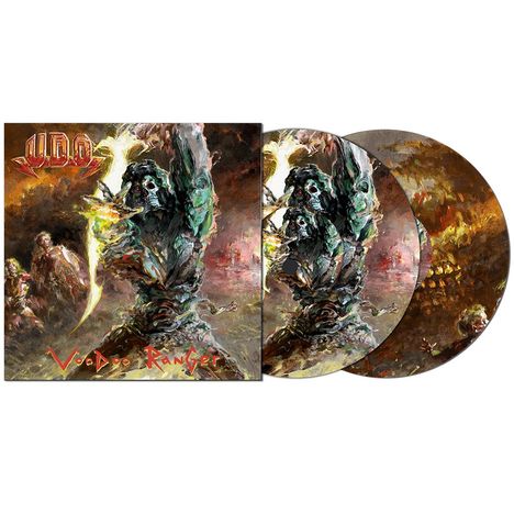 Text: "U.D.O", "Voodoo Ranger"; Gemälde eines Skelettkriegers in flammender Umgebung auf Albumcovern und Schallplatten.