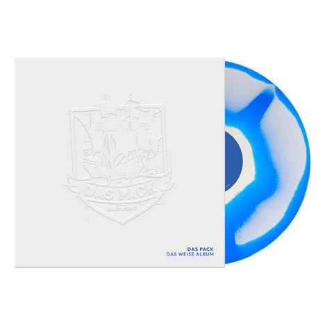 "DAS PACK DAS WEISSE ALBUM" in Blau. Weiße Hülle mit Logo neben blauer Schallplatte.
