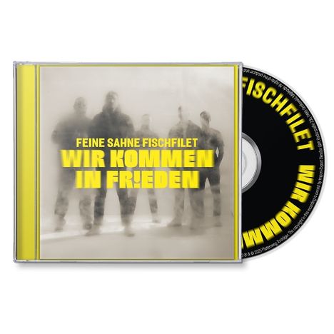 CD-Cover mit gelbem Text: "FEINE SAHNE FISCHFILET - WIR KOMMEN IN FRIEDEN". Unscharfe Silhouetten im Hintergrund.