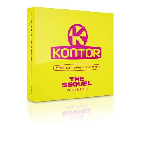 Text: "KONTOR", "TOP OF THE CLUBS", "THE SEQUEL", "VOLUME 03". Logo auf gelbem Hintergrund.