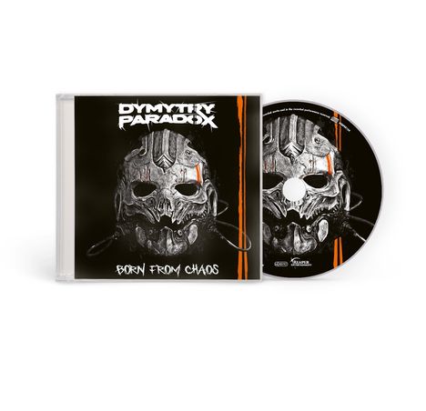 "DYMYTRY PARADOXX" oben, "BORN FROM CHAOS" unten. Schädeldesign mit Metall und orangefarbenen Akzenten. CD-Hülle.