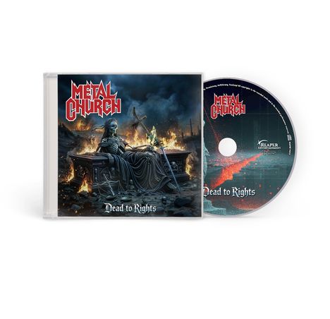 CD-Cover: "Metal Church" und "Dead to Rights". Skelett auf Thron, umgeben von Flammen.