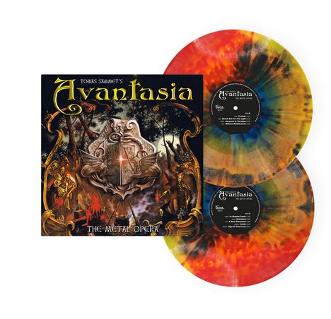 Text: "Tobias Sammet's Avantasia", "The Metal Opera". Illustration: Fantasiewelt mit Figuren, zwei bunte Vinyl-Schallplatten.