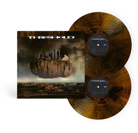 "THRESHOLD", "hypothetical" auf einem Albumcover; fliegende Insel mit Skyline und Wolken, zwei braun-gemusterte Schallplatten.