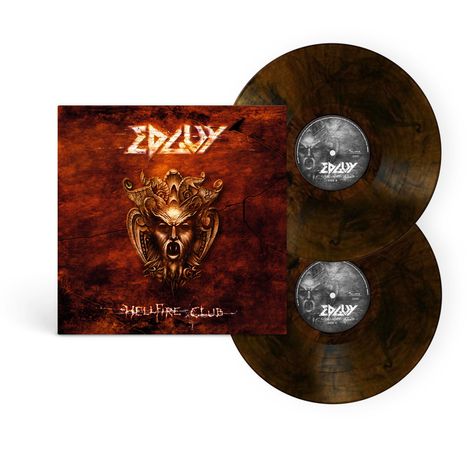 Schriftzug "EDGUY" oben, "HELLFIRE CLUB" unten. Darstellung eines dämonischen Gesichts auf rot-braunem Hintergrund. Zwei Schallplatten.