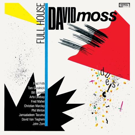 Text: "FULL HOUSE", "DAVID moss", "duets", Namen auf schwarzem Grund. Illustration, geometrische Formen und bunte Elemente.