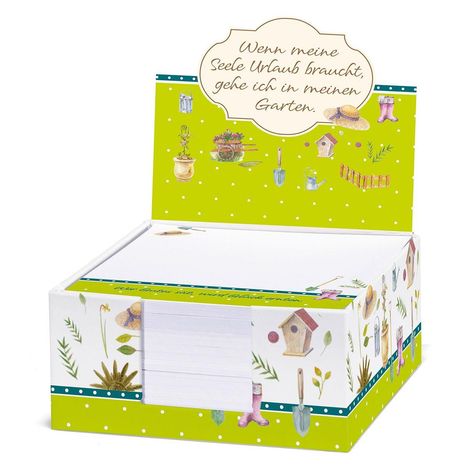 Auf dem Produkt steht: "Wenn meine Seele Urlaub braucht, gehe ich in meinen Garten." Bunte Gartenillustrationen umgeben den Text.