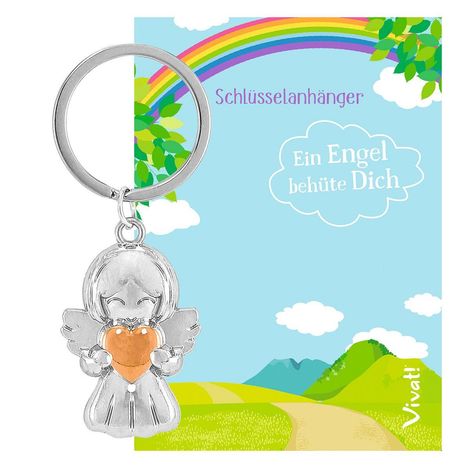 Text: "Schlüsselanhänger", "Ein Engel behüte Dich". Ein silberner Engel-Schlüsselanhänger mit goldenem Herz vor bunter Landschaft.