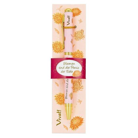 "Blumen sind die Poesie der Erde" steht auf einem Etikett. Ein hübscher Stift ist vor einem blumigen Hintergrund platziert.
