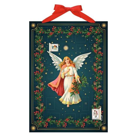 Adventskalender mit Zahlen 1-24, Engel in der Mitte, umgeben von Sternen und weihnachtlichen Blättern, rote Schleife oben.