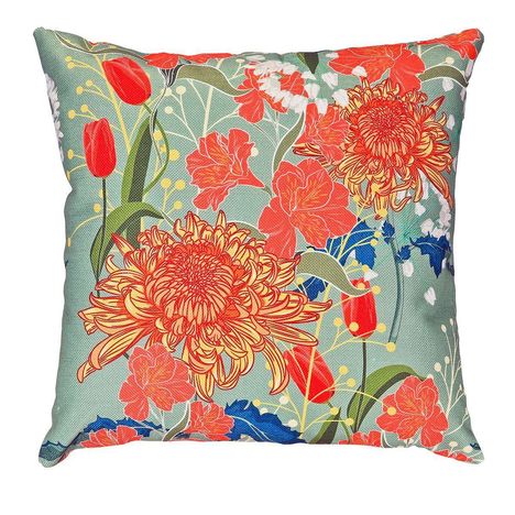 Keine Texte vorhanden. Kissen mit buntem Blumenmuster: rote, orange und blaue Blumen auf grünem Hintergrund.