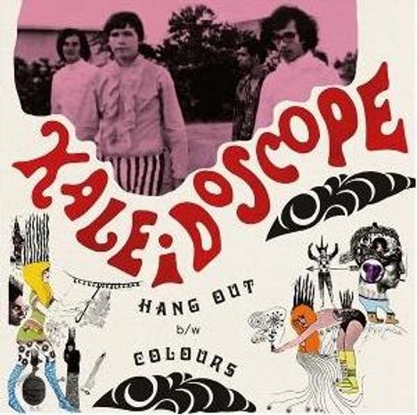 Texte: KALEIDOSCOPE, HANG OUT, b/w COLOURS.  
Illustration mit bunten Mustern und einer schwarz-weißen Fotografie von vier Personen.