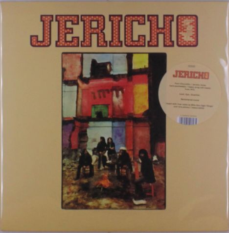 JERICHO in großer Schrift mit pixelartigem Muster. Bild zeigt Menschen um ein Lagerfeuer vor bunten Häusern. 