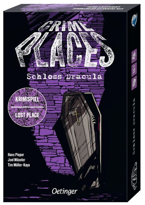 „CRIME PLACES“, „Schloss Dracula“. Krimispiel. Illustration eines Sargs mit einer Hand und lila Backsteinmauer.