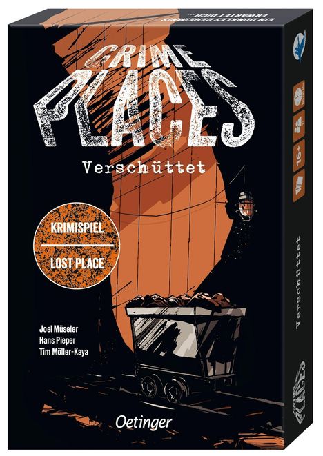 "Crime Places: Verschüttet" Krimispiel. Illustration: Kohlenwagen in dunklem Stollen. Autoren: Joel Müseler, Hans Pieper, Tim Möller-Kaya.