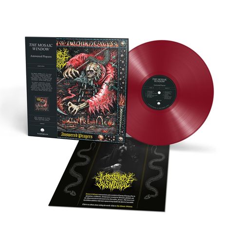 Das Album "The Mosaic Window - Answered Prayers" zeigt ein rotes Vinyl, ein düsteres Cover mit Skelett und Flammen.