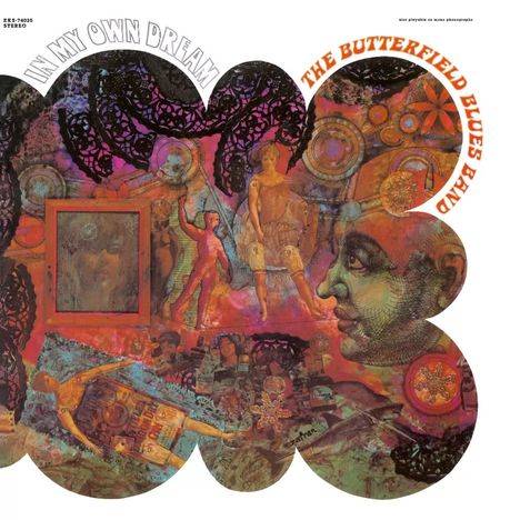 „IN MY OWN DREAM“ und „THE BUTTERFIELD BLUES BAND“ in geschwungener Schrift. Farbenreiches, surrealistisches Gemälde.