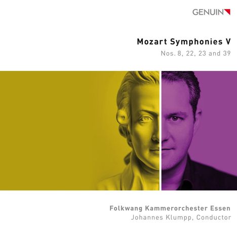 Mozart Symphonies V, Nos. 8, 22, 23 und 39. Folkwang Kammerorchester Essen, Johannes Klumpp. Logo und Porträt-Kombination.