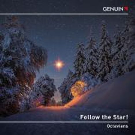 Text: "Follow the Star! Octavians". Winterlandschaft mit schneebedeckten Bäumen und einem strahlenden Stern am Himmel.