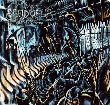 "Phalanx Inferna". Dunkle, bedrohliche Illustration mit martialischen Figuren und Skeletten in einer düsteren Szenerie.