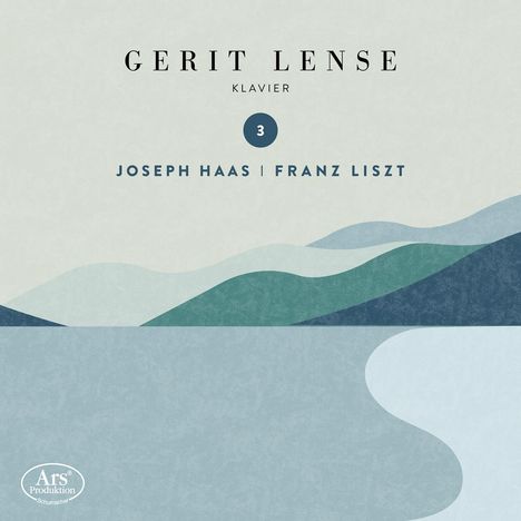 Text: GERIT LENSE, KLAVIER, 3, JOSEPH HAAS | FRANZ LISZT. Landschaftsillustration mit Hügeln und Wasser.
